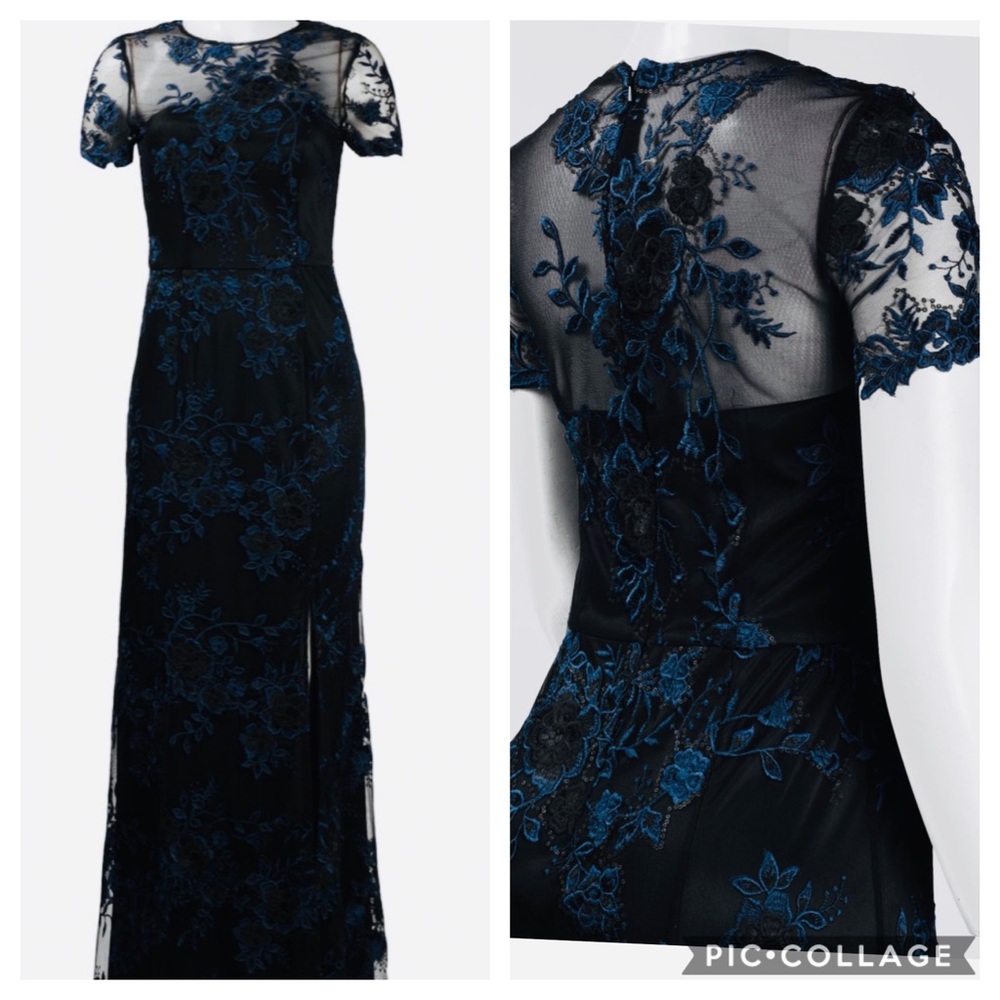 David Meister embroidered 3-D lace short sleeves long gown